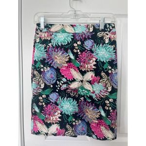 J. Crew Floral Pencil Skirt Bold Colors on Black, Size 00